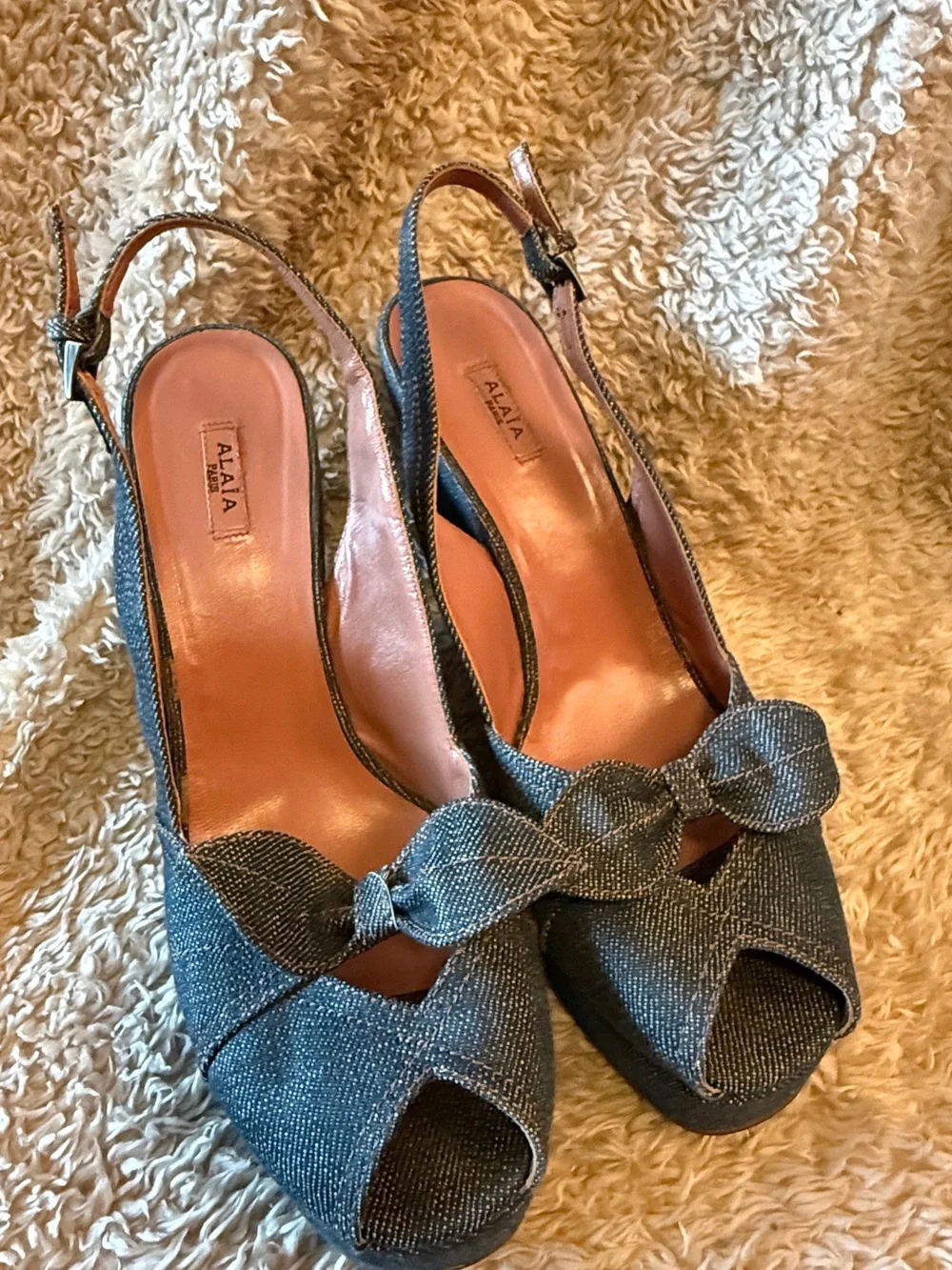 Alaia Blue Denim style  Open-Toe Slingback Heels with Bow Dtail